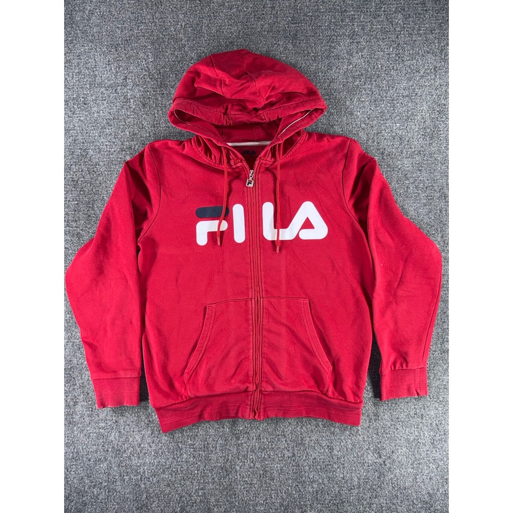 Fila Mens Full Zip Hoodie Red Large Logo Graphic Sweatshirt Small
